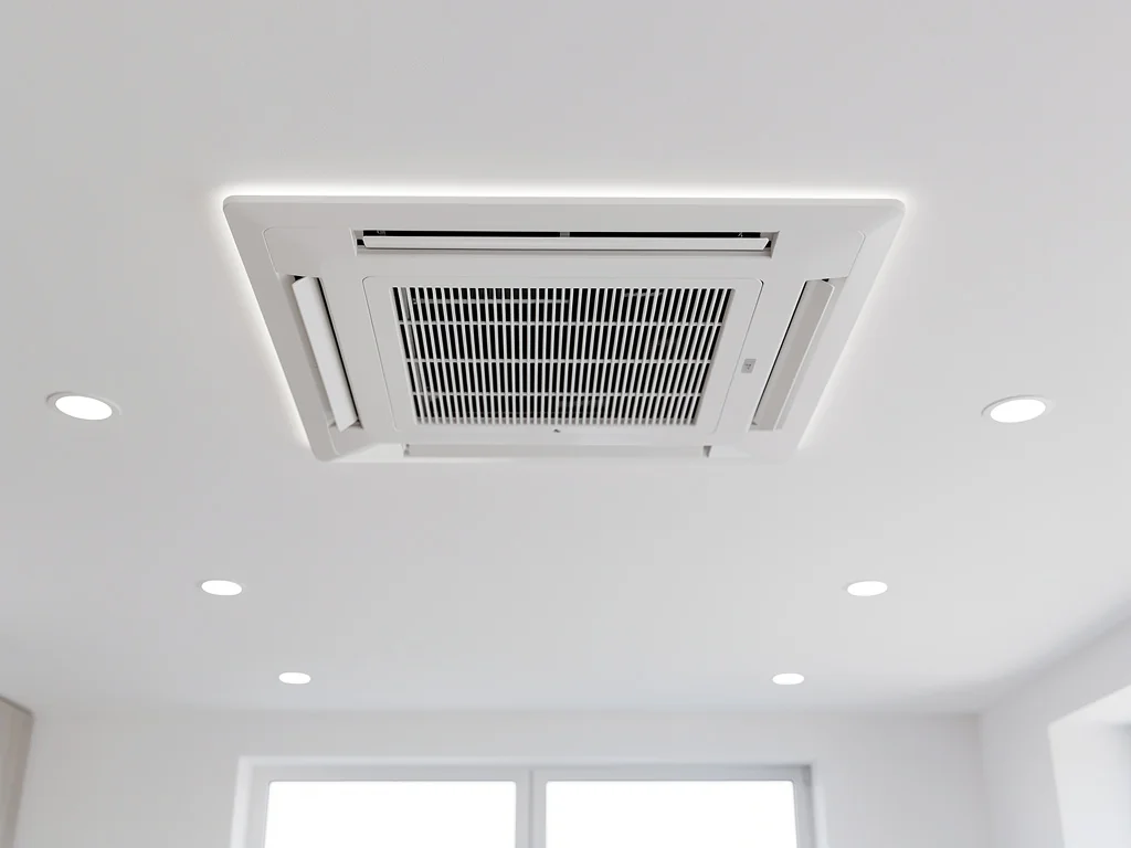 Grille de soufflage d'une climatisation gainable encastrée dans un plafond