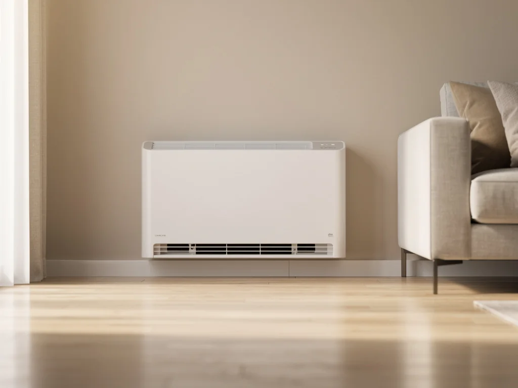 Console de climatisation posée en bas de mur dans une pièce de vie